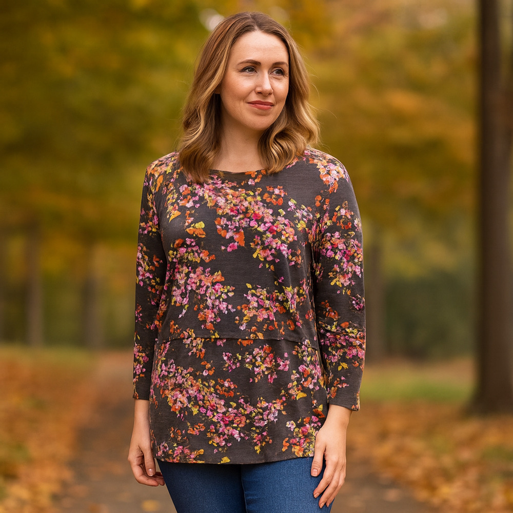 J. Jill Tunic Blouse Women's LARGE Petite Layered Brown Floral Top Career Casual